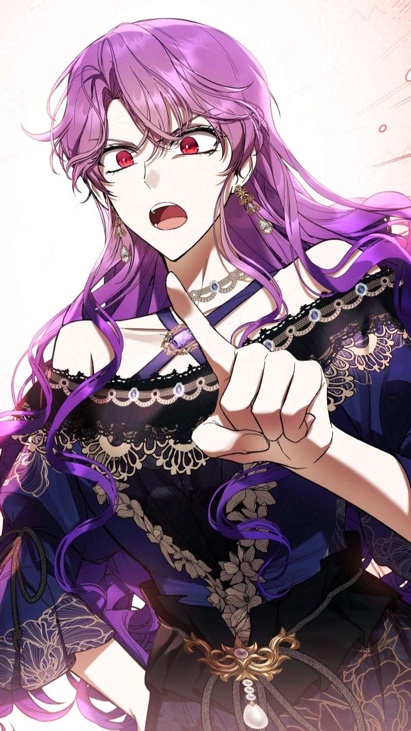 Purple-haired woman pointing forward mid-shout