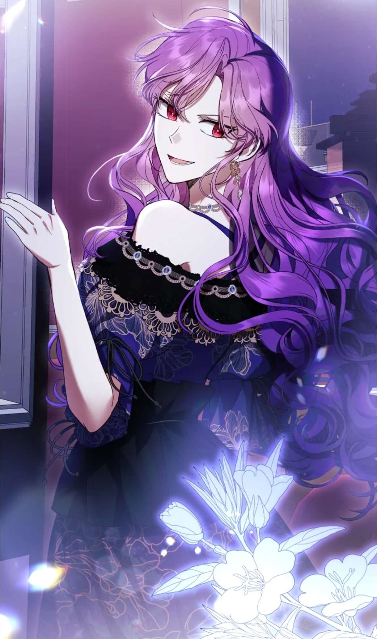 Purple-haired woman smiling over her shoulder beside a window, glowing flowers below