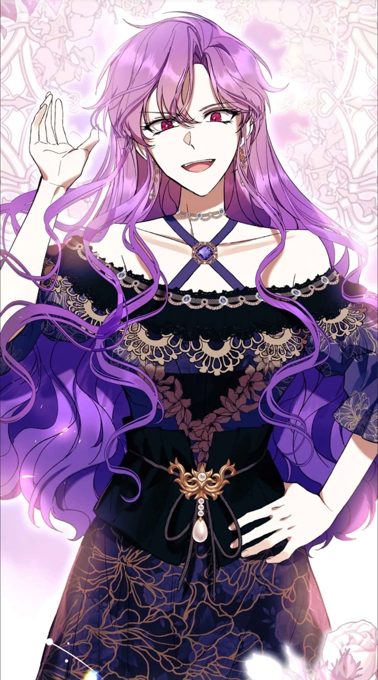 Purple-haired woman laughing and waving, hand on hip